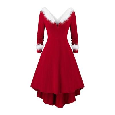 ผู้หญิงเสื้อแขนยาววันคริสต์มาสเซ็กซี่V-NeckสีแดงMidi Swingชุดกำมะหยี่สีขาวTrimจีบไม่สมมาตรปาร์ตี้ชุดซานต้า