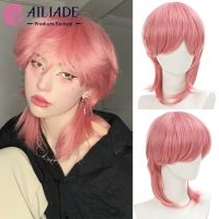 AILIADE Synthetic Short Straight Pink Cosplay Wigs with Bangs Natural Fake Hair Party Anime Halloween Wigs for Women Men Wig  Hair Extensions Pads