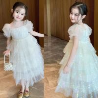 White Sequins Mesh Princess Dress Wedding Flower Baby Girls Dress Puff Sleeve Sweet Children Clothes Birthday Kids Dress 3 6 8Y  by Hs2023