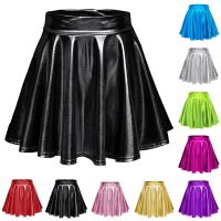 【CC】☃  Womens  Waist Leather Skirt Holographic Skirts JK Metallic Pleated