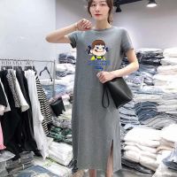 Women O-Neck Cartoon Peko Print Long T Shirt Dress Summer Loose Midi Dresses