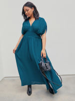 Cider V-neck Smocked Ruffle Split Maxi Dress Curve &amp; Plus