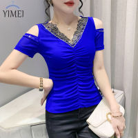 YIMEI เสื้อ2023สั้นผ้าลูกไม้สีฟ้าแบบย่น,เสื้อเปิดไหล่สำหรับผู้หญิงเสื้อตาข่ายผูกเชือกคอวีแบบเซ็กซี่ใหม่สำหรับฤดูร้อน