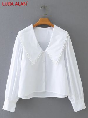 Woman Sailor Collar White Poplin Shirt Casual Femme Long sleeve Blouse Lady Loose Tops Smock Blusas LUJIA ALAN S8002