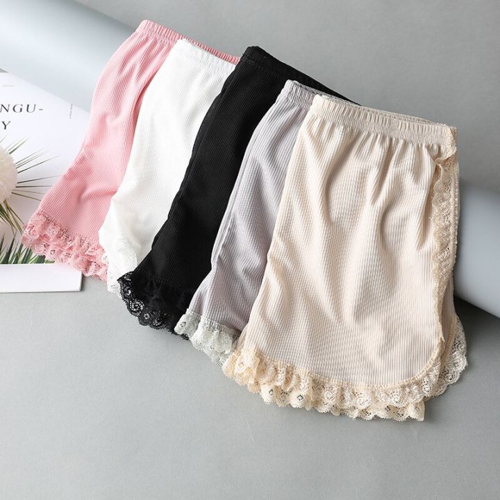 women-spring-summer-same-color-side-lace-safety-shorts-pants-sweet-loose-elastic-home-sleep-shorts-nightwear-bottom-thin-pajamas