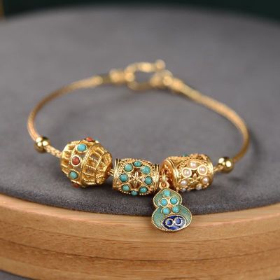 Ancient Gold Turquoise Gourd Bracelet Womens Retro Royal Court Style Lotus Seedpod Gourd Bracelet Ornament