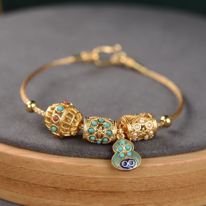 ancient-gold-turquoise-gourd-bracelet-womens-retro-royal-court-style-lotus-seedpod-gourd-bracelet-ornament