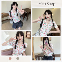 Mira.shop เสื้อครอปกระดุม คอวีน่ารักสดใสเหมาะกับสาวคาเฟ่ เสื้อยืด ผญสวย ๆ 8847#