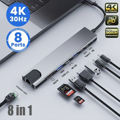 USB C ฮับ Type-C ไปยังหัวแปลงสัญญาณ HDMI 1000Mbps อีเธอร์เน็ตไปยัง RJ45 USB3.1สำหรับแล็ปท็อป4K HDMI SD/เครื่องอ่านบัตร TF PD ชาร์จเร็วสำหรับ Mac และ PC Feona