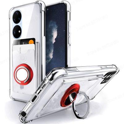 Soft Transparent Shockproof Case For Huawei P50 P40 P30 Pro Wallet Card Slot Cover For Mate 40 30 Pro Magnetic Ring Holder Cover