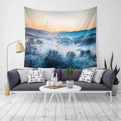 Sun Sea Tapestry Ocean Beach Wall Hanging Water Landscape Beach Decoration Blue Cloud Blue Frothy Blanket Polyester Handmade