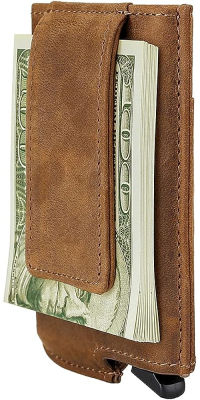 Dinghao RFID Blocking Slim Money Clip Aluminum Wallet Automatic Pop-up Card Case 01-texas brown