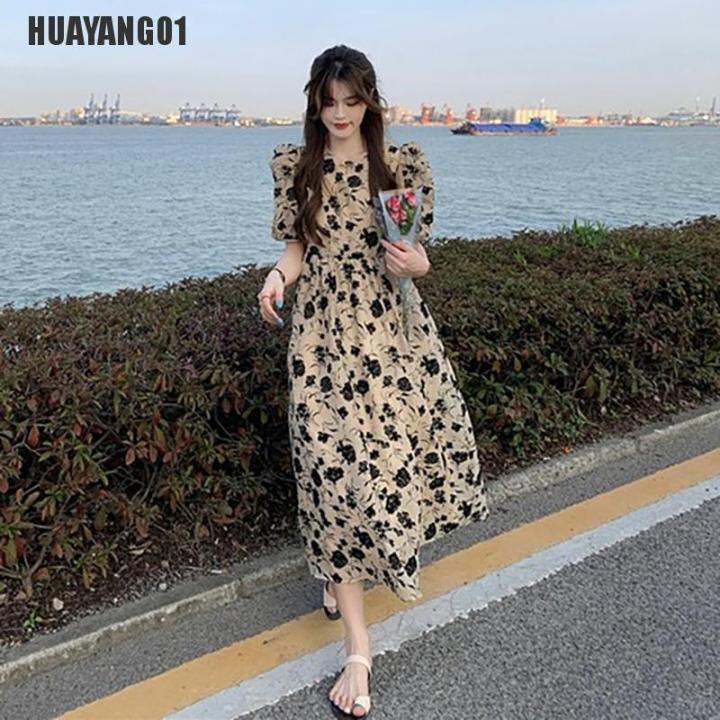 huayang01คอกลมสำหรับผู้หญิงเดรสแขนสั้นฤดูร้อนสง่างามใส่ได้ทุกวันสไตล์เกาหลีชุดเดรสลำลองนักศึกษา