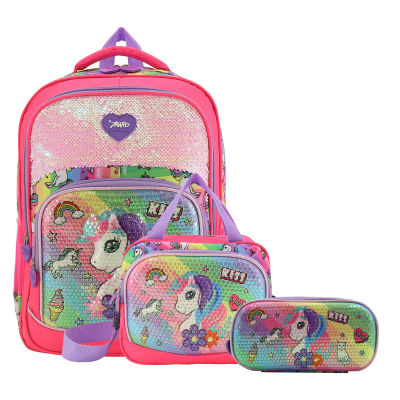 MIKO  Design Brand Sequins Unicorn 3D Cartoon 3 PCS Set Student Children Kids School Bags Backpack for Girls with Lunch Bag