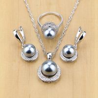 Silver 925 Jewelry Black Simulated Pearls With Beads Jewelry Sets For Women Wedding Pendant Drop Earrings Rings Necklace Set