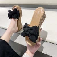 2021 New Summer 7cm Platform Wedge Slippers Women Shoes Butterfly-knot Clog Fabric Bow Mules Flip Flop Light Slides