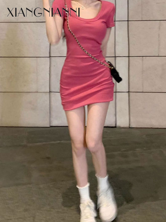 xiang-nian-ni-ชุดเดรสผู้หญิงคอเหลี่ยมแขนสั้นเสื้อทรงเอชุดเดรสสั้นชุดสไตล์เกาหลี
