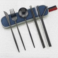 Portable Shiny Black Travel Dinnerware Set Stainless Steel Cutlery Set Knife Fork Spoon With Chopsticks Straws Flatware Set Flatware Sets