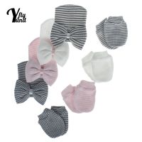 Yundfly Infant Soft Comfortable Knitting Cotton Hat and Glove Two Piece Set Fashion Striped Bowknot Newborn Caps Warm Mitten