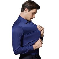 Mens Classic Non Iron ยืด Solid Easy Care เสื้อผ้าไหมซาตินแขนยาวอย่างเป็นทางการธุรกิจมาตรฐาน-Fit Basic Dress Shirts