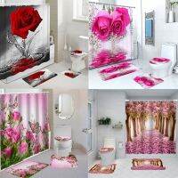 【CW】✉⊕  Flowers Shower Curtain Set Polyester Washable Non-Slip Rugs Toilet Cover