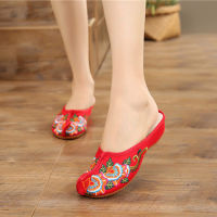 Veowalk Vintage Nose Toe Women Cotton Fabric Mules Slippers Comfort Ladies Canvas Flat Slides Woman Chinese Embroidered Shoes