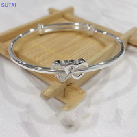 ?【Lowest price】SUTAI กำไลข้อมือแฟชั่นรูปหัวใจคู่แบบปรับได้กำไลข้อมือแฟชั่นสีเงินสร้อยข้อมือแบบเรียบง่ายสำหรับผู้หญิงเด็กผู้หญิงของขวัญเครื่องประดับมิตรภาพ