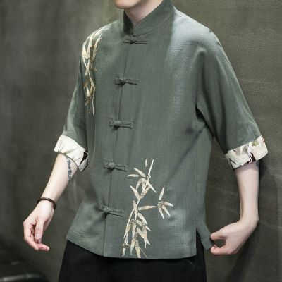 เสื้อปักลายสำหรับผู้ชาย,ใบไผ่ลินิน Tang เสื้อครึ่งตัวเสื้อจีนสีบล็อกพิมพ์ลาย