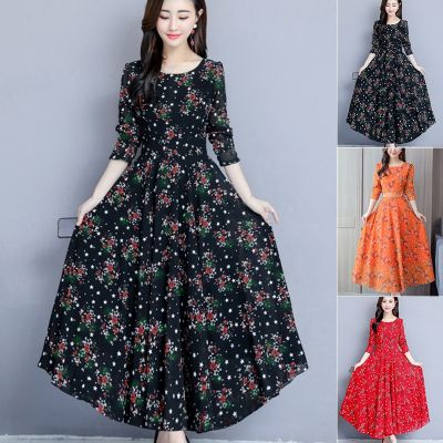 FunWomen maxi dress long sleeve korean floral dress plus size round neck Summer dress Long dress