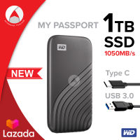WD My Passport SSD 1 TB ฮาร์ดดิสก์พกพา Type-C, USB 3.0 (WDBAGF0010BGY-WESN) Gray สีเทา New 2020 ความเร็วในการอ่านสูงสุดถึง 1,050 MB/s2 ประกัน Synnex 5 ปี ฮาร์ดดิสก์ Solid State Drives สาย USB Type-C ต่อกับ Type-C (รองรับ USB 3.2 Gen 2)