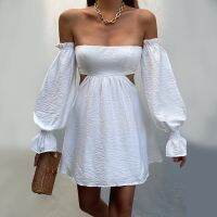 New Summer Women Off Shoulder Dress With Lantern Sleeves Sexy Hollow High Waist Summer Clothing Elegant And Simple Daily Wear