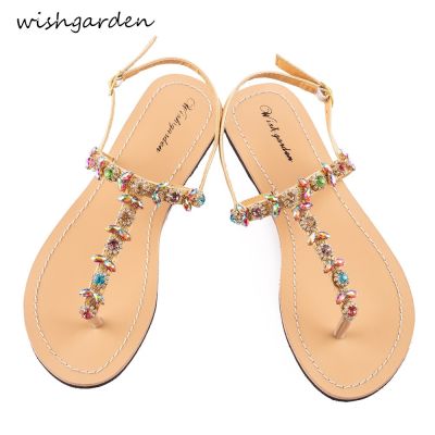 ขายดีที่สุด ioztt2023 - /┋♝☞ NEW Bohemia Sandals Flat Beach Rhinestone Shoes Female Thong Flip Flops Slippers Size