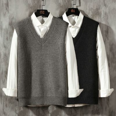 CODTheresa Finger Mens college style Plain sweater Korean style trendy V-neck knitted vest All Match Loose pullover sleeveless knitwear