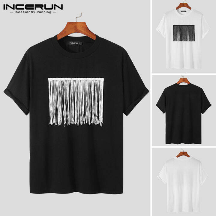 incerun-เสื้อแขนสั้นมีพู่ด้านหน้าสำหรับผู้ชายเสื้อยืดวันหยุดทรงหลวมมีสไตล์ฮิปฮอป-ลดล้างสต๊อก