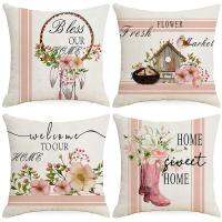 【JH】 Cross-border new spring and summer series printed pillowcase pink flowers home fabric pillow cushion