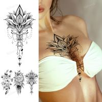 hot！【DT】◎☍✱  black lace temporary tattoo stickers women lotus flower fake henna body art underboob breast tatoo for girls