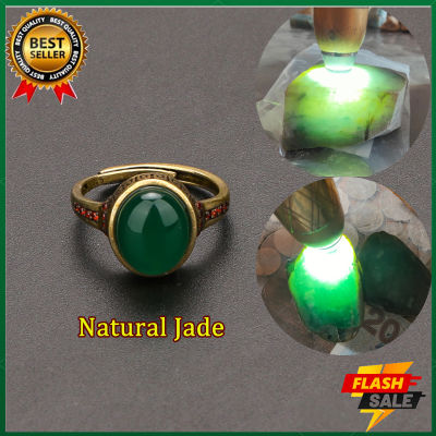 HT-แหวนพลอยคาลซิโดนีธรรมชาติสีเขียวทำด้วยมือ Original แหวนทองแดงแท้ผู้ชายและผู้หญิงฝังอาเกตเปิดปรับได้แหวนร่างกายอธิษฐานเพื่อความสงบสุข
