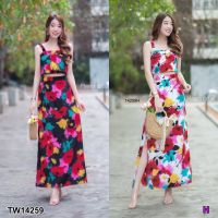 TW14259 Set 2 ชิ้น เสื้อสายเดี่ยว สายรูดย่นเอวจั๊ม+กระโปรงผ่าข้าง ช่วงเอวใส่ยางยืดรอบเอวใส่สบาย