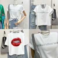 เสื้อครอปAlexanderwang ลายสุดฮอต รีดเพชรหน้า-หลัง สีขาว