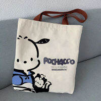 Kawaii Sanrio Pochacco ผ้าใบกระเป๋าผู้หญิงการ์ตูนหนึ่งกระเป๋าสะพายออกความจุขนาดใหญ่หนังสือกระเป๋า Tote ใต้วงแขนกระเป๋าของขวัญ