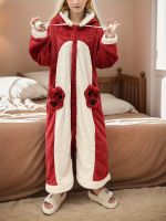 geegostudio Cartoon Fox Hooded Night Robe, Warm Long Sleeve Buttons Fuzzy Lounge Robe With Pockets, Womens Sleepwear