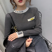 Autumn Winter T shirt Women Striped Letters Embroidery Stretchy Thick Tops Tee Fleece Long Sleeve T-shirt Bottoming T9N395