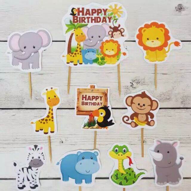 satu set cake topper toper hiasan kue ulang tahun karakter animal zoo kebun binatang taman
