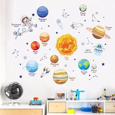 Cartoon Solar System Cosmic Planet Sun Earth Moon Wall Stickers for Kids Room Bedroom Reading Room Wall Decals School Nursery