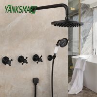 【LZ】◄  Yanbksmart preto fosco 8 Polegada round banheiro torneira do chuveiro conjunto fixado na parede da banheira chuveiro spray de chuva torneira misturadora água