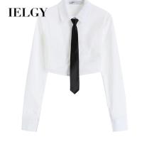 IELGY เสื้อผู้หญิงสั้นเอวโชว์สะดือสีขาว,เสื้อเข้ารูปพอดีแขนยาว