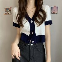 V-Neck Short-Sleeved Knitted T-Shirt For Women 2023 Summer New Short High Waist Navel Thin Slimming Ice Silk Cardigan Top