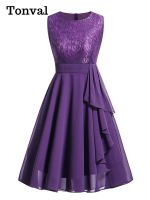 【YF】 Tonval Lace and Chiffon Elegant Peplum High Waist Purple Swing Dresses for Women Sleeveless Party Robe Female A Line Dress