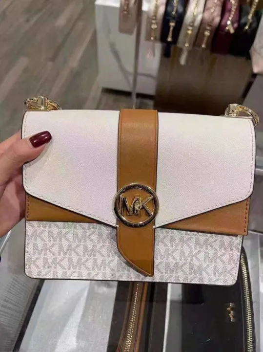 Michael Kors Greenwich Small Color-block Logo And Saffiano Leather  Crossbody Bag In Vanilla/acrn