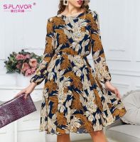 ZZOOI S.FLAVOR Autumn Vintage Leaves Print Bohemian Dress Women Boho Chiffon Long Sleeve A Line Dress O Neck Sexy Party Vestidos